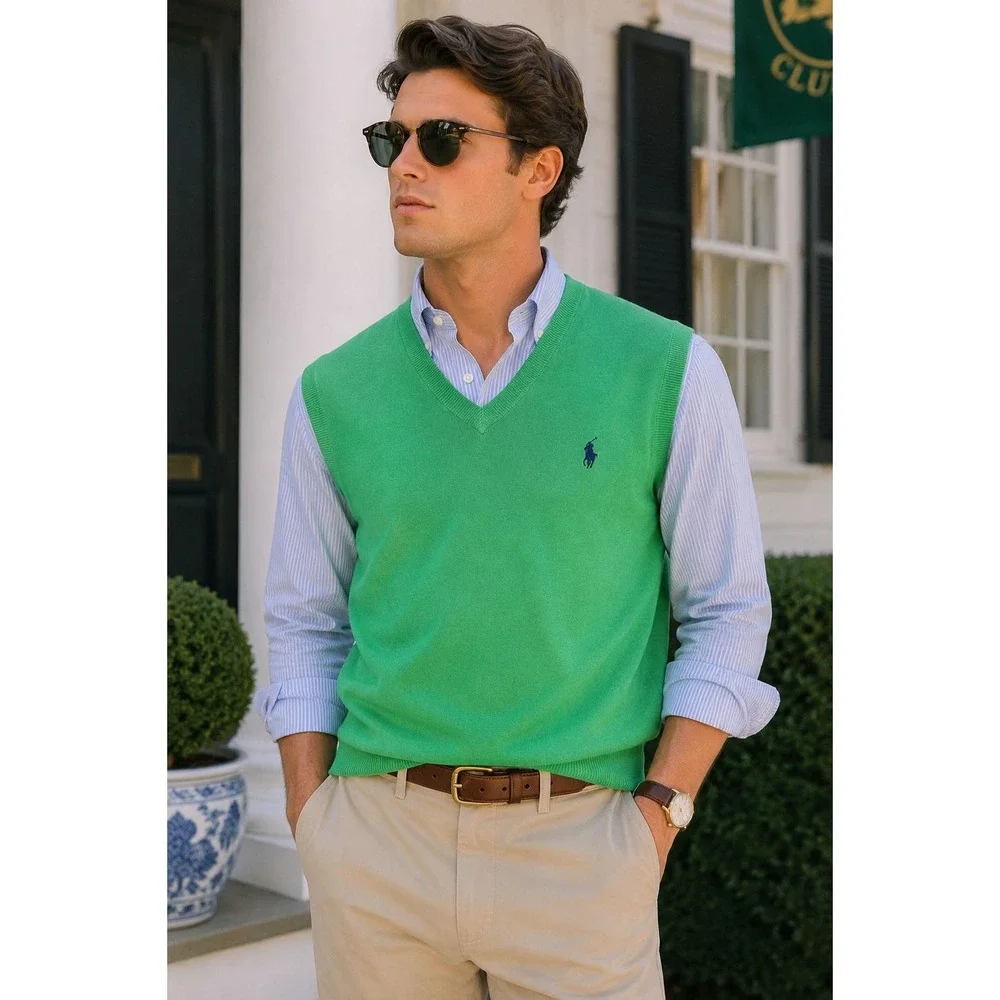 Polo Ralph Lauren Men XL Green Pima Cotton V-Neck Sweater Vest Preppy Golf
